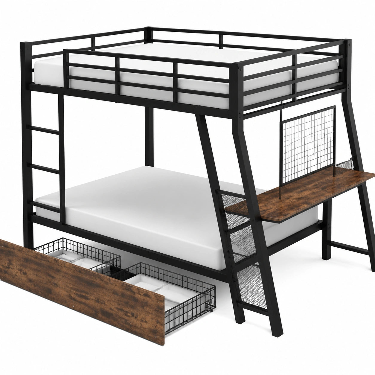 Lit mezzanine double avec LED et tiroirs, bureau intégré, noir
