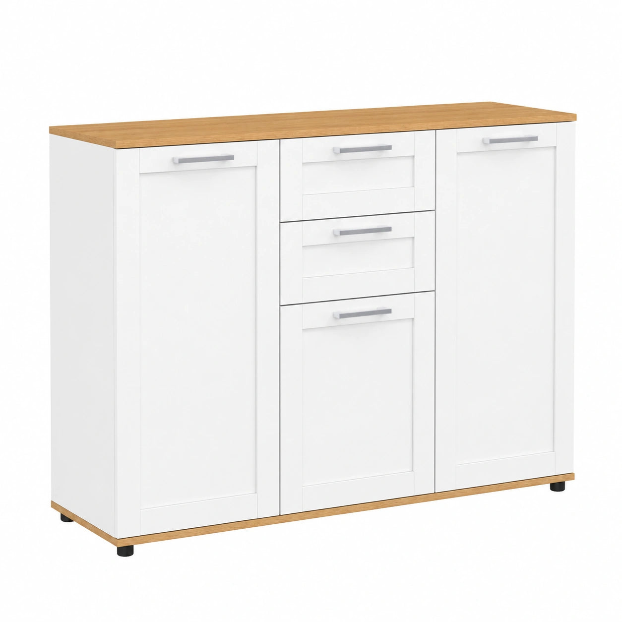Buffet 3 Portes et 2 Tiroirs Blanc avec Plateau en Bois 100 cm
