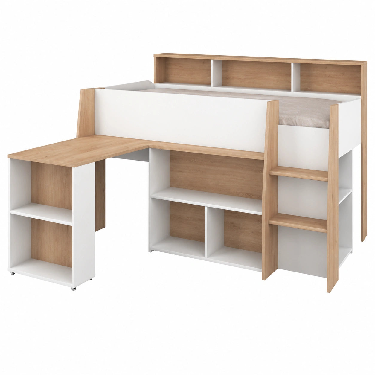Lit enfant combiné avec bureau rétractable - Blanc et chêne - 90x200 cm