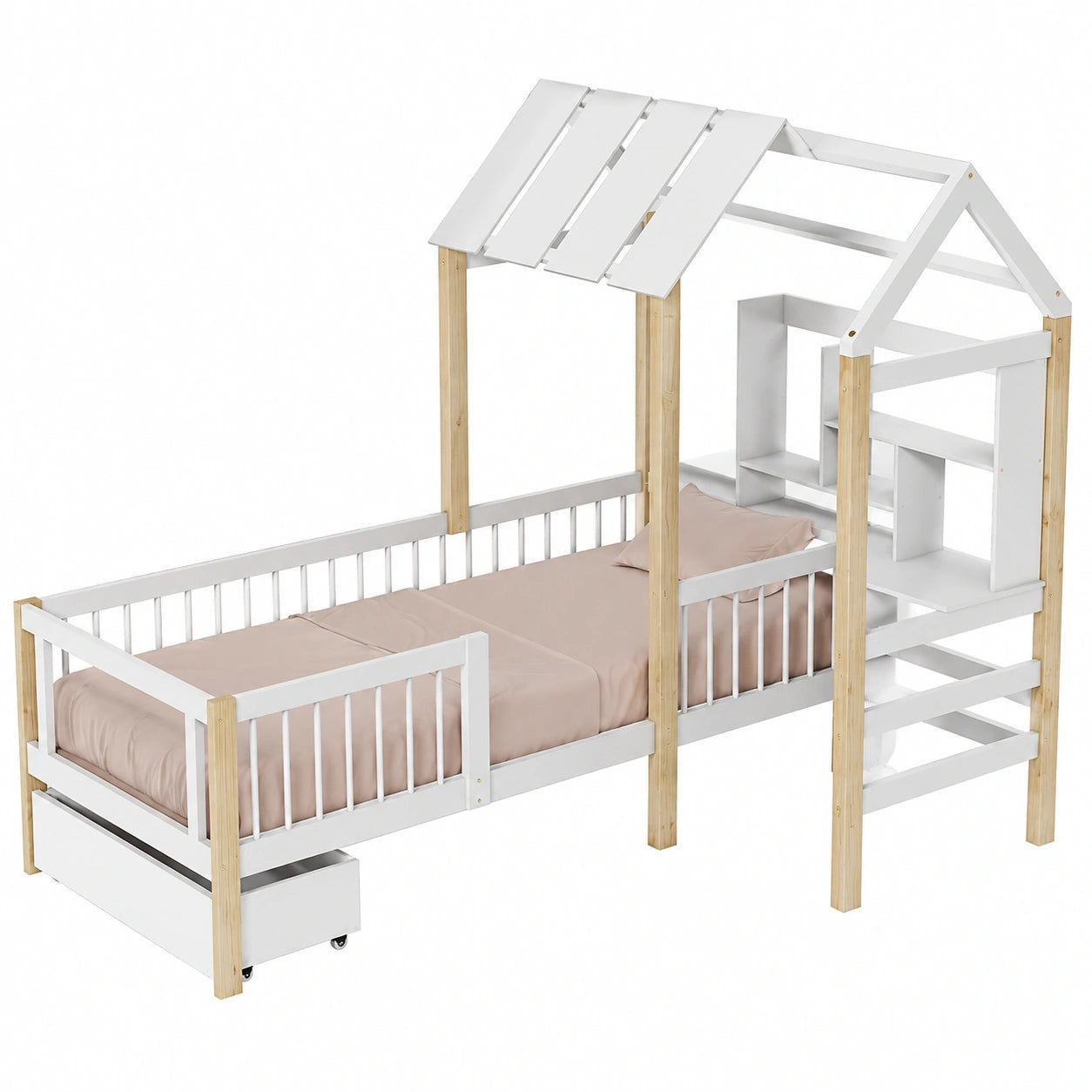 Lit enfant avec bureau et tiroir en bois, design maisonnette 90x200 cm