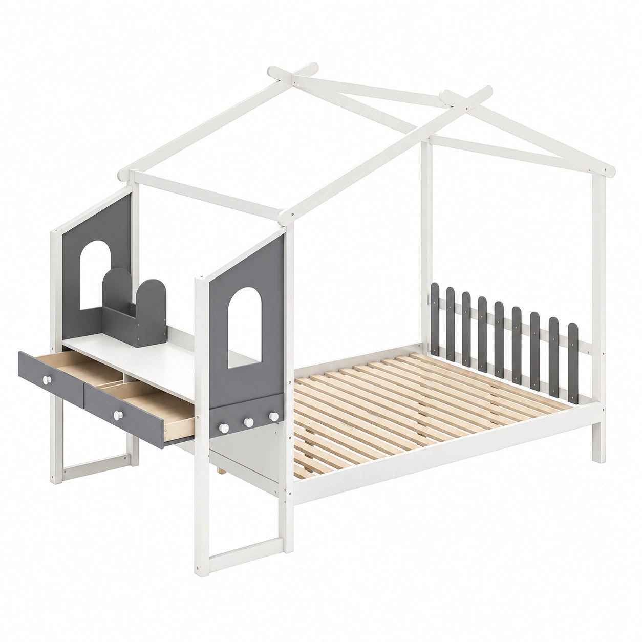 Lit pour Enfant avec Bureau et Rangement, Cadre en Bois Robuste