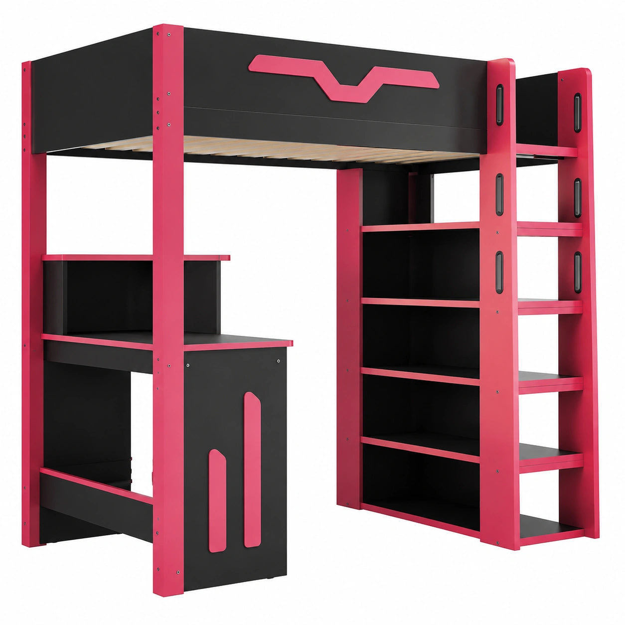 Lit mezzanine multifonctionnel avec LED, bureau et rangements