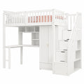 Lit combiné enfant 90x200 avec armoire et bureau, mezzanine avec barrière de sécurité, escaliers avec rangements