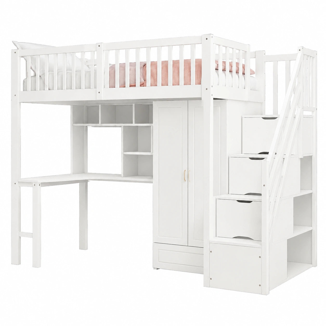 Lit combiné enfant 90x200 avec armoire et bureau, mezzanine avec barrière de sécurité, escaliers avec rangements