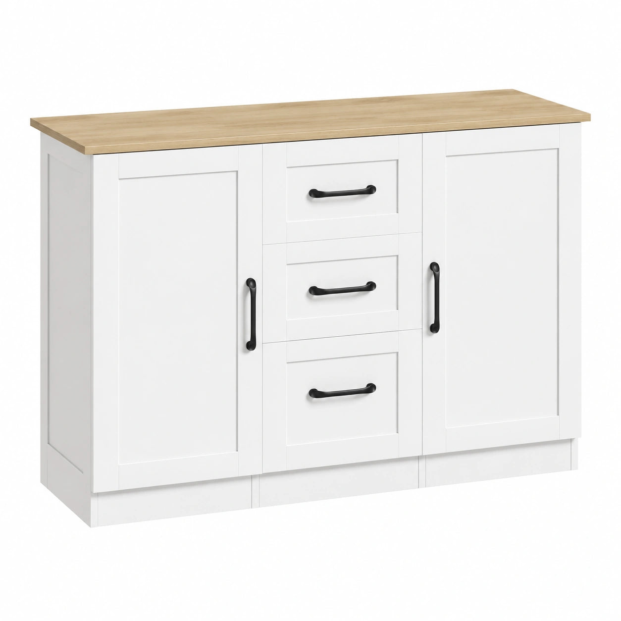 Buffet de Rangement Moderne avec Portes et Tiroirs, Blanc et Bois Naturel