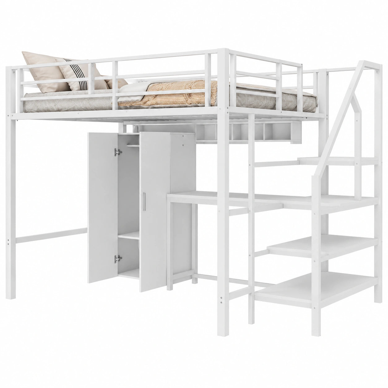 Lit mezzanine multifonction en métal avec armoire et bureau intégré