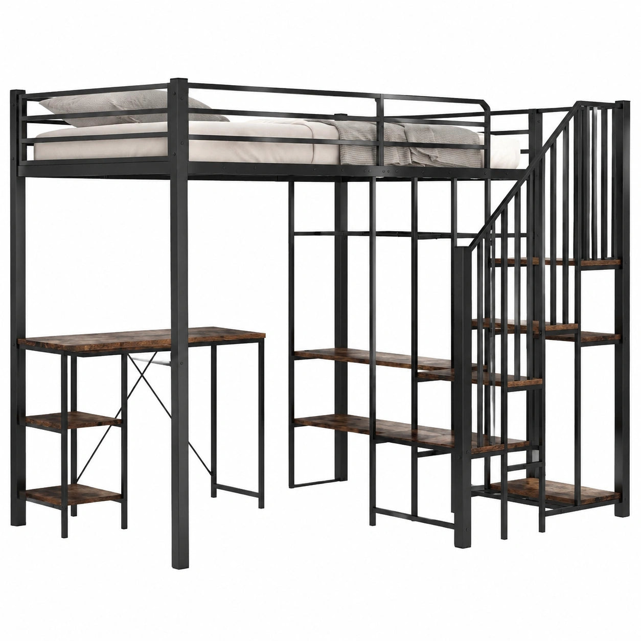 Lit mezzanine en métal avec bureau intégré et étagères, escalier et barrière de sécurité