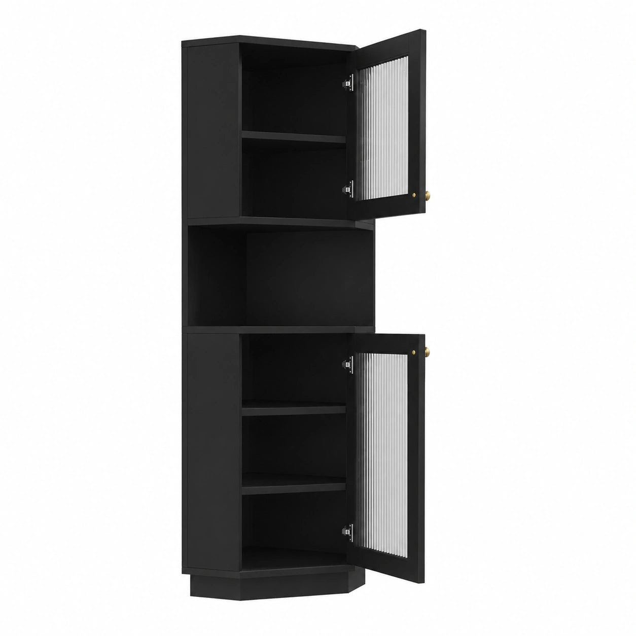 Armoire de Toilette d'Angle avec Éclairage, 6 Étagères et Portes Vitrées pour Cuisine