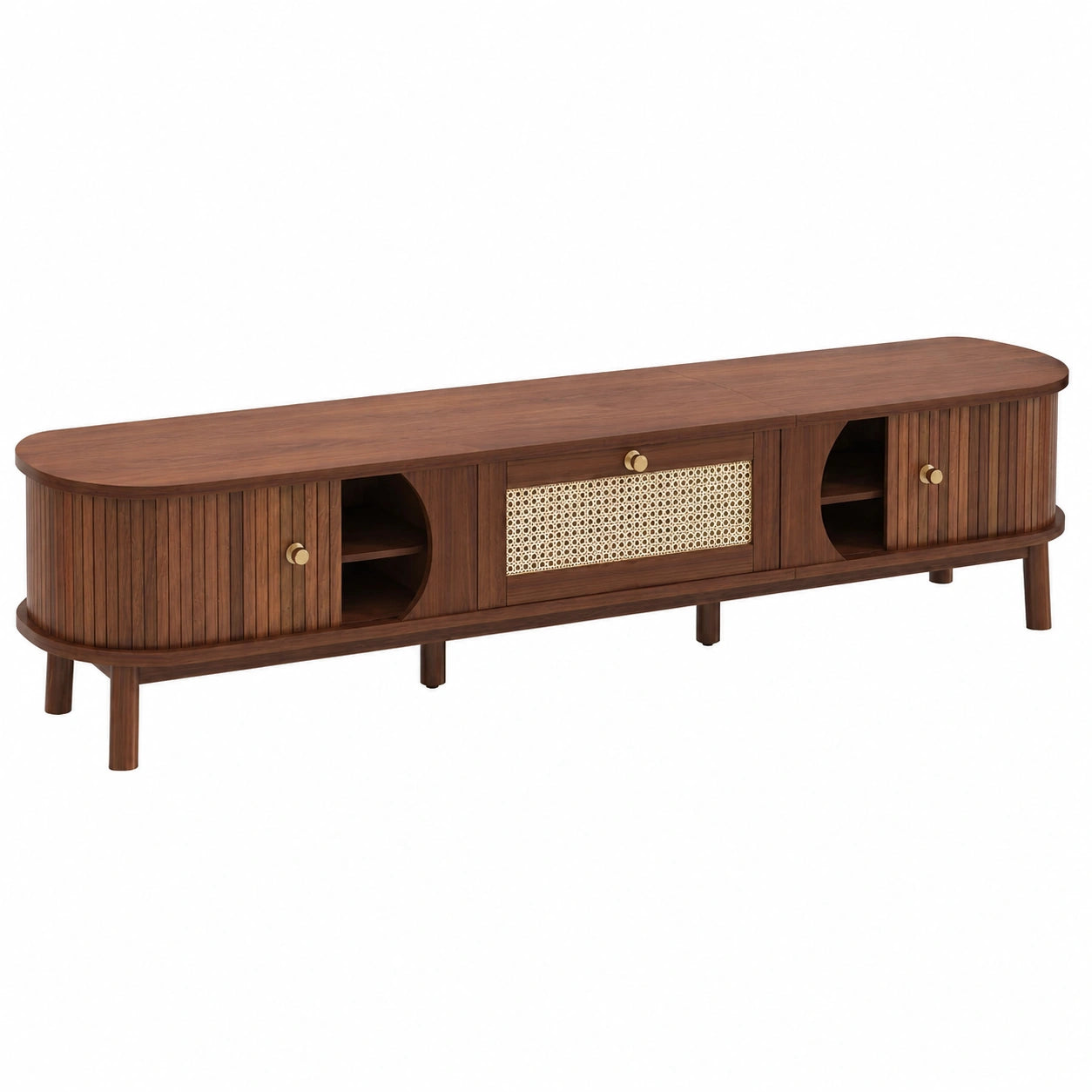 Meuble TV ovale en bois avec rangement et portes à lattes