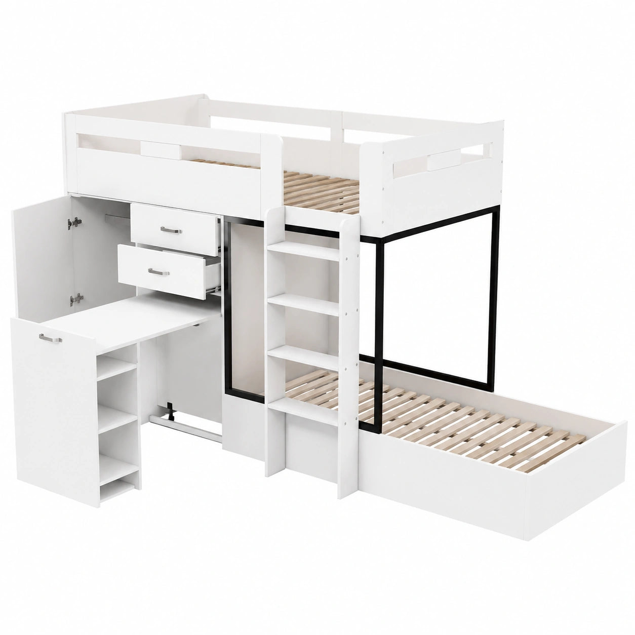 Lit Superposé Multifonctionnel avec Bureau et Armoire Intégrés