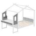 Lit cabane enfant 140x200 cm avec bureau intégré, cadre en bois avec tiroirs, blanc et gris