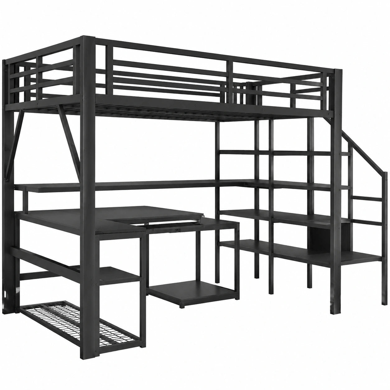 Lit mezzanine enfant avec LED et USB, bureau et rangement intégré, noir