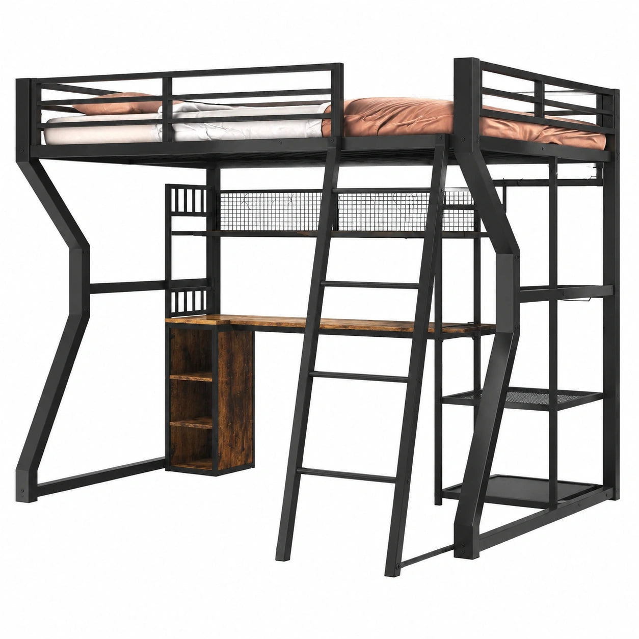 Lit mezzanine avec bureau intégré et rangement - Structure en métal 140x200 cm