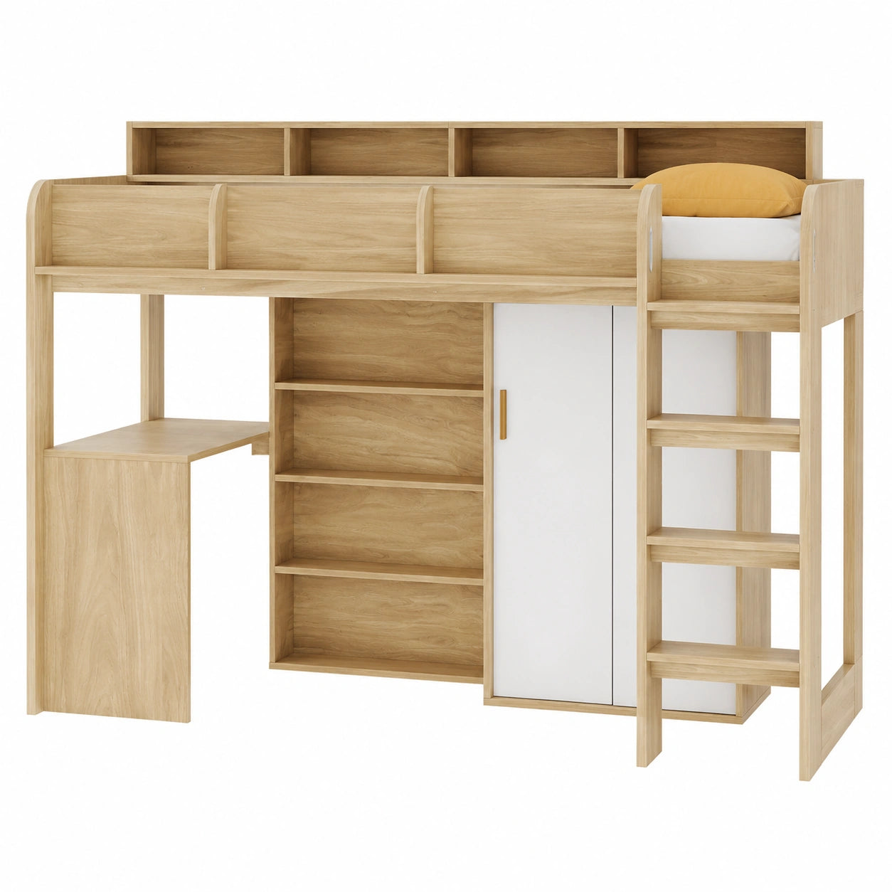 Lit mezzanine multifonctionnel pour enfant avec LED, bureau et rangement, coloris bois