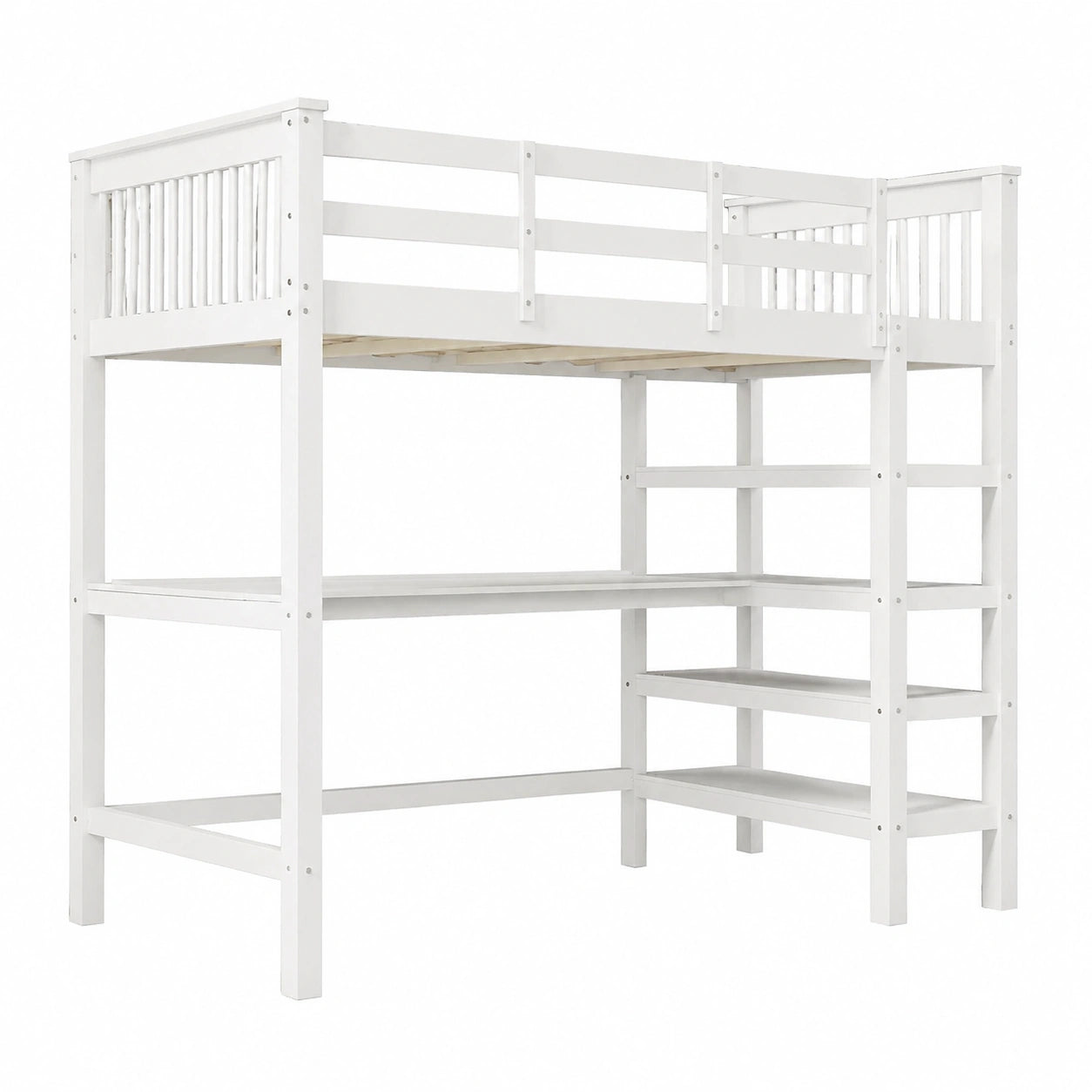 Lit mezzanine bois avec rangement et bureau intégré, structure à lattes