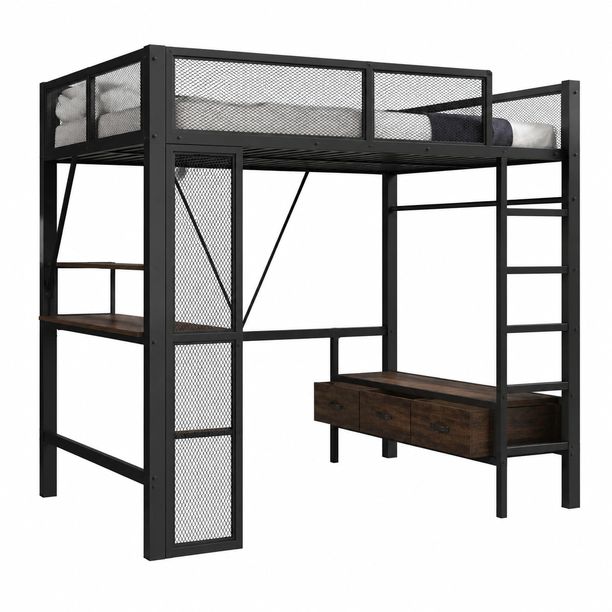 Lit mezzanine enfant 2 places 140x200 avec bureau intégré et rangement, couleur noire