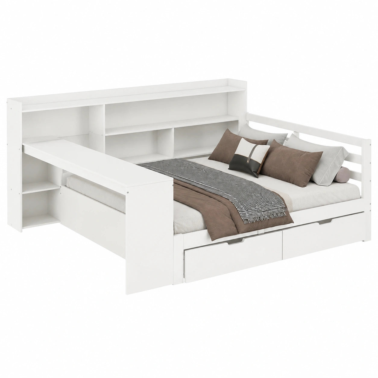 Lit Double 140x200 cm avec Bureau et Étagères, Tiroirs et Prise Électrique, Cadre en Bois