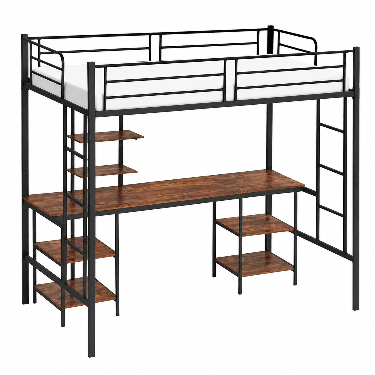 Lit mezzanine en métal avec bureau, étagères et échelles, style industriel