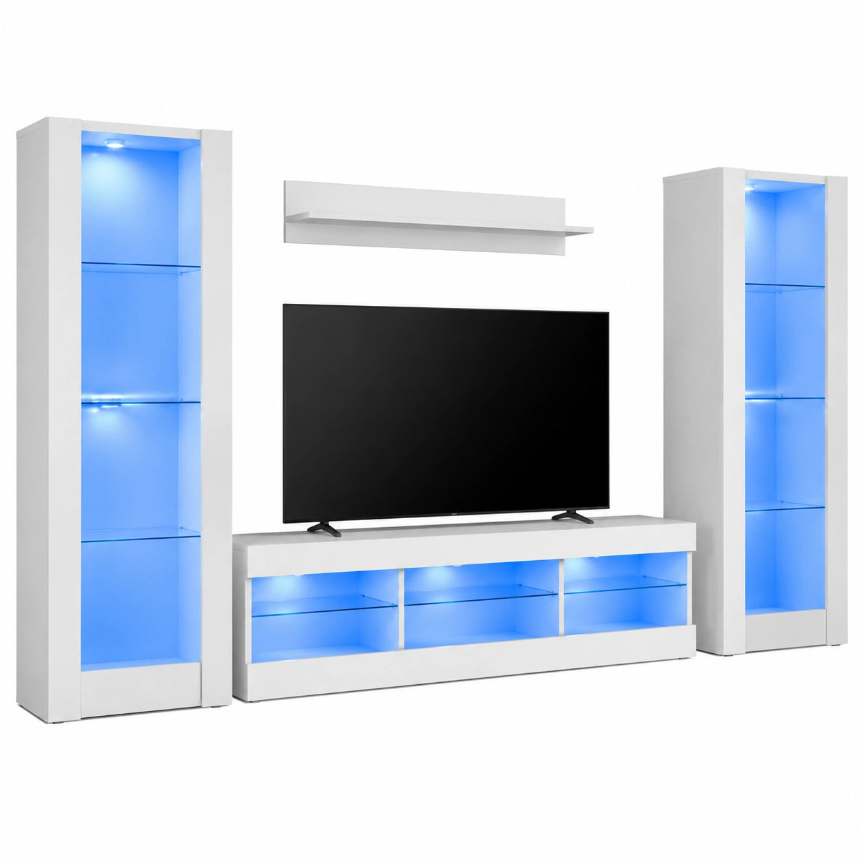 Grand meuble de rangement blanc avec éclairage LED bleu pour salon et chambre