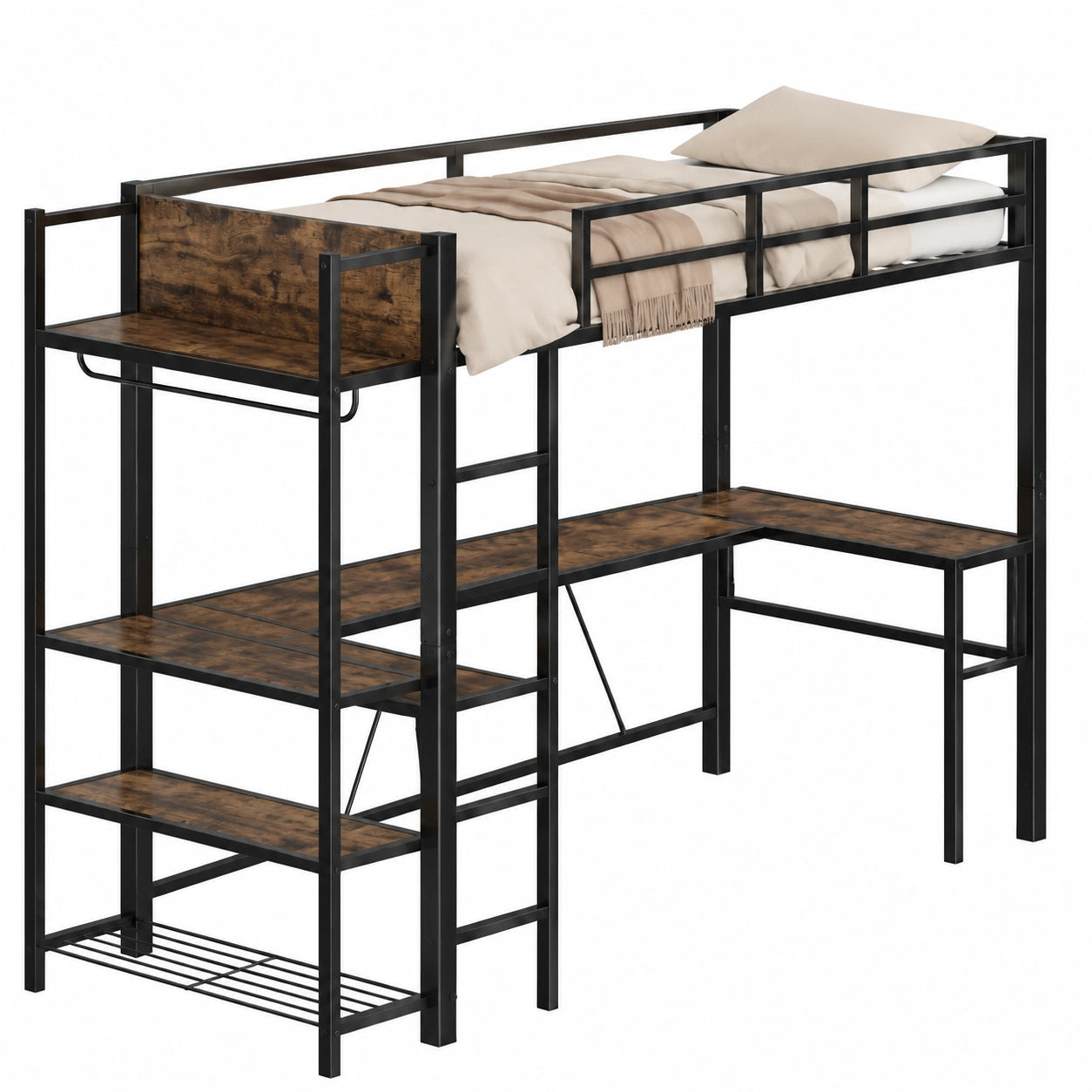 Lit mezzanine avec bureau intégré, étagères et rangements multifonctionnels pour adolescents