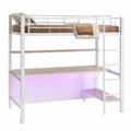 Lit mezzanine en métal avec LED et bureau intégré, blanc