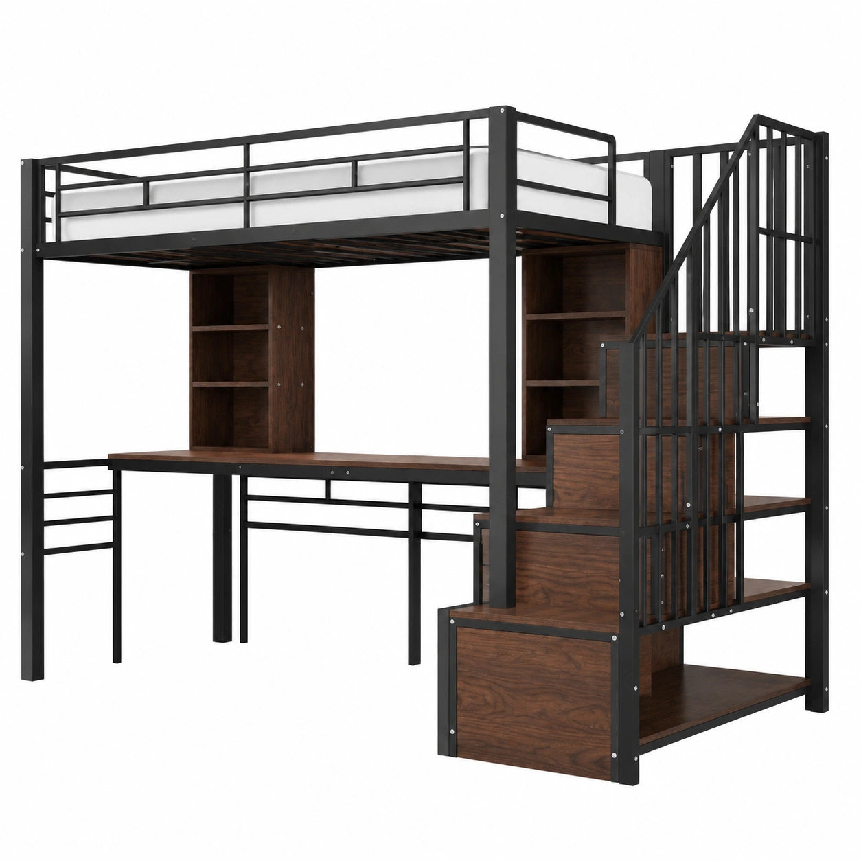 Lit mezzanine en métal avec LED et bureau intégré, 90 x 200 cm, escalier de rangement réversible, noir