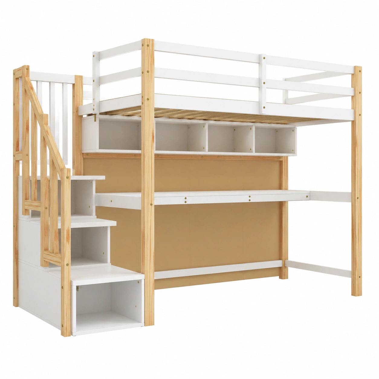 Lit mezzanine enfant 90x200 cm avec bureau et escaliers de rangement
