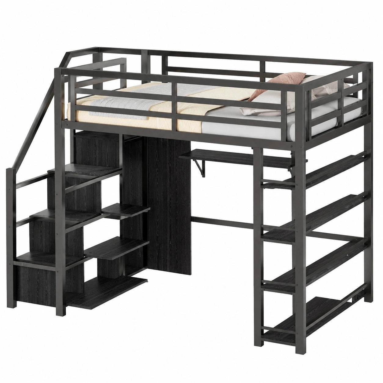 Lit mezzanine en métal avec bureau et rangement intégré