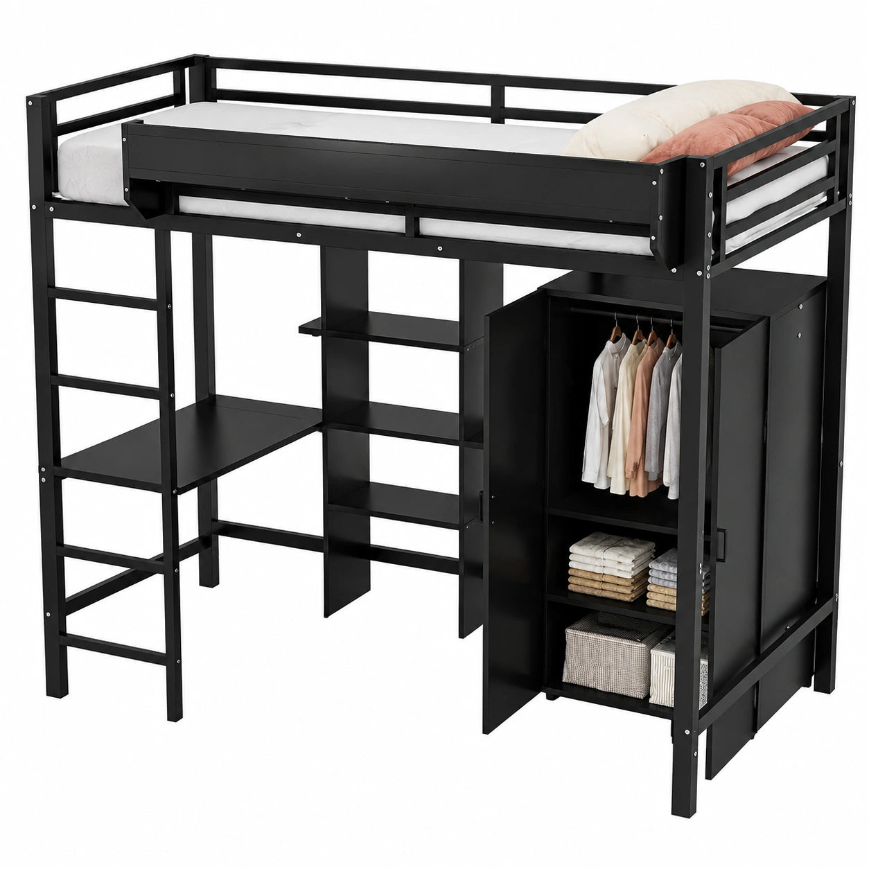Lit mezzanine compact avec bureau et rangement sécurisé, noir